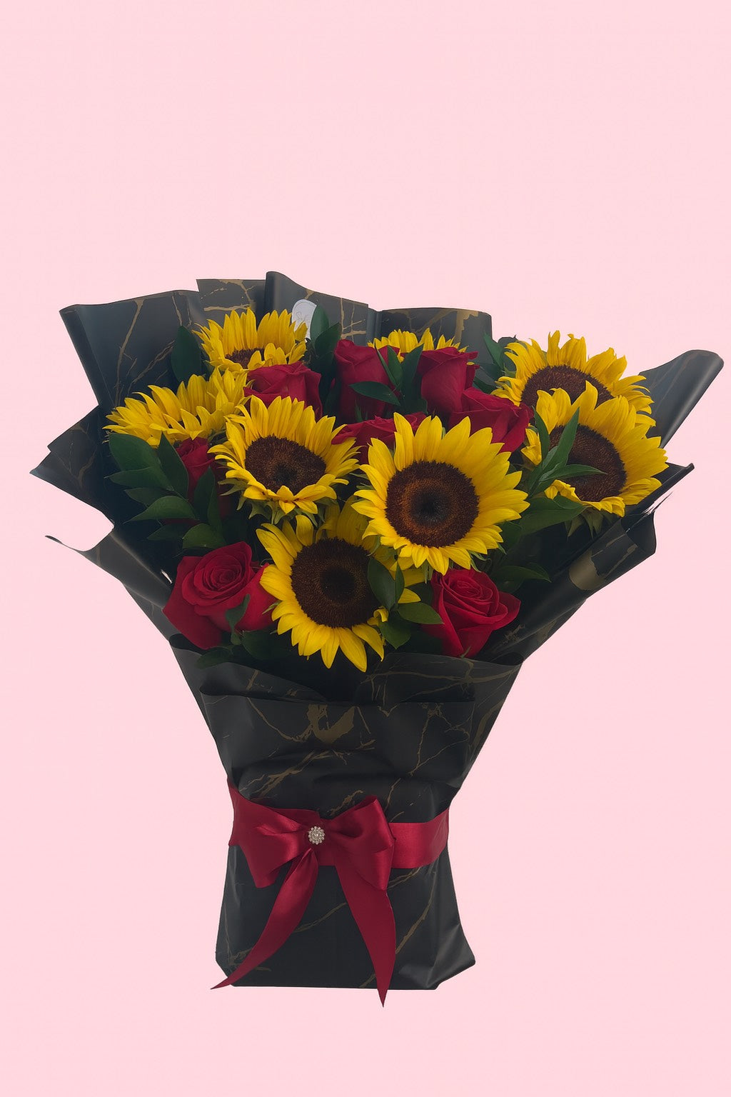 Sun & Passion – Arrangement of Sunflowers with Red Roses