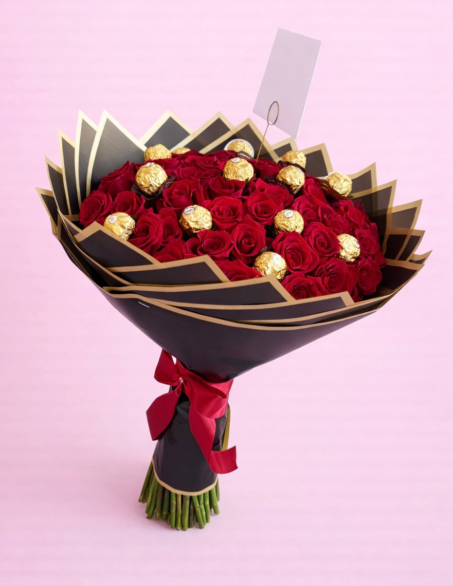 Royal Red Bouquet – 50 Roses with Ferrero Rocher