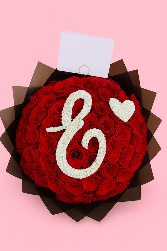 Infinite Elegance: Bouquet of 50 Red Roses with Personalized Initial