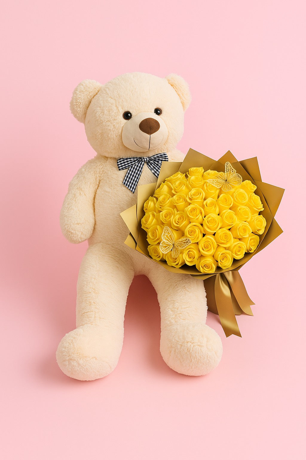 Golden Love: Bouquet of 50 Yellow Roses with Teddy Bear