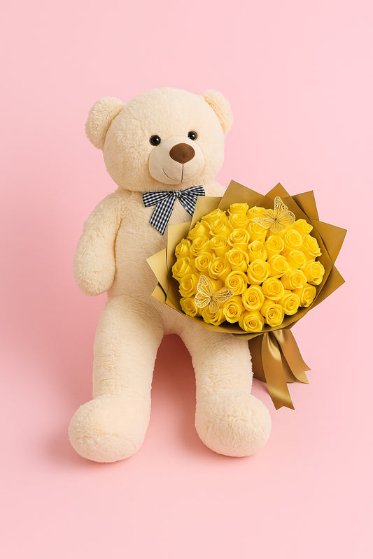 Golden Love: Bouquet of 50 Yellow Roses with Teddy Bear