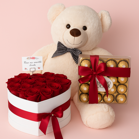 Heart-Shaped Red Roses with Teddy Bear & Ferrero Rocher – A Love That Speaks