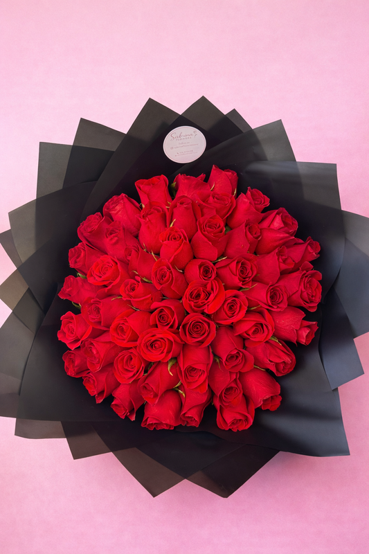 Classic Bouquet of 50 Red Roses – Elegant Black Wrapping